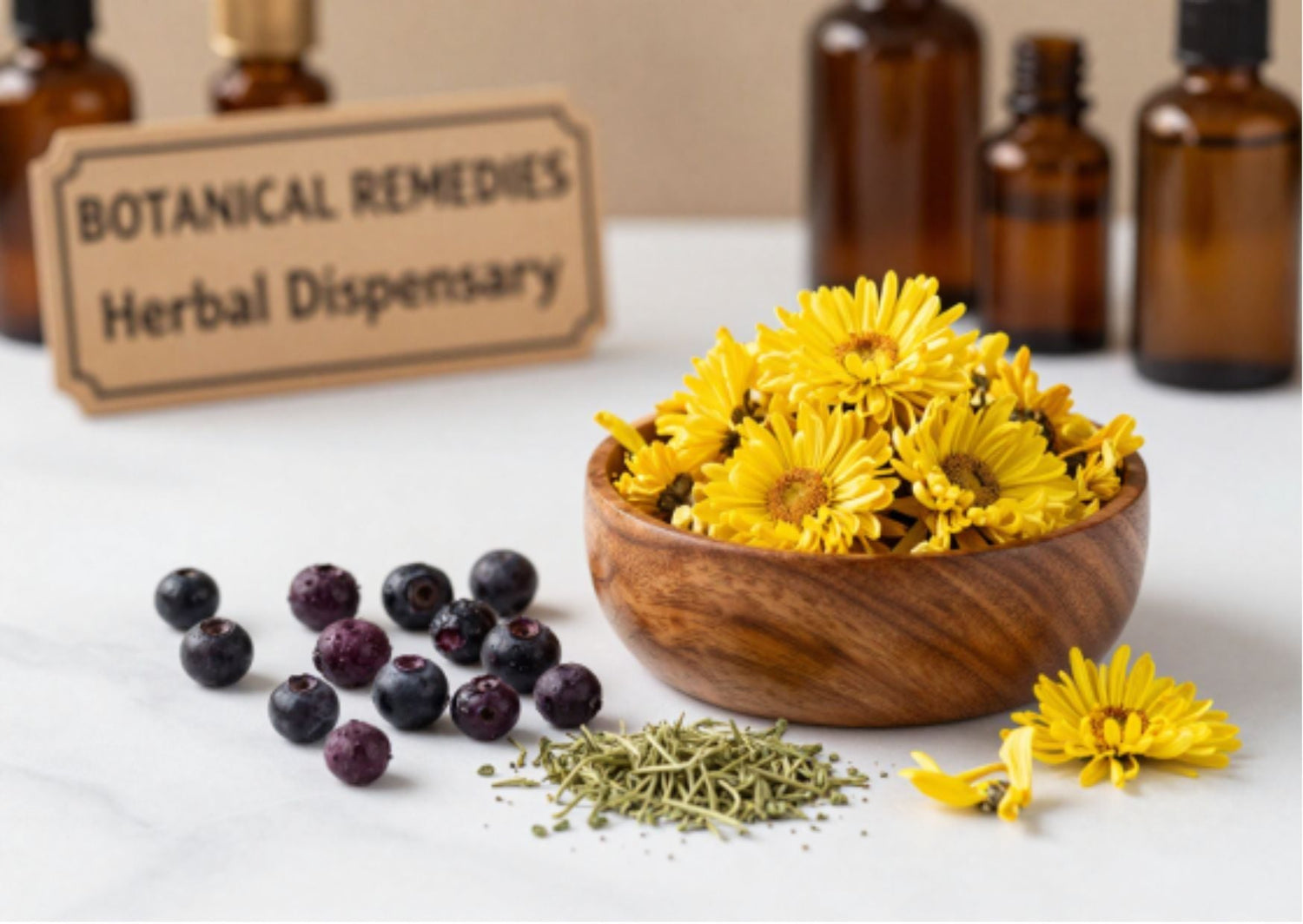 A vibrant apothecary arrangement of dried yellow chrysanthemum flowers, purple bilberries, and eyebright herb resting on a pristine white marble table inside the Botanical Remedies traditional herbal dispensary.