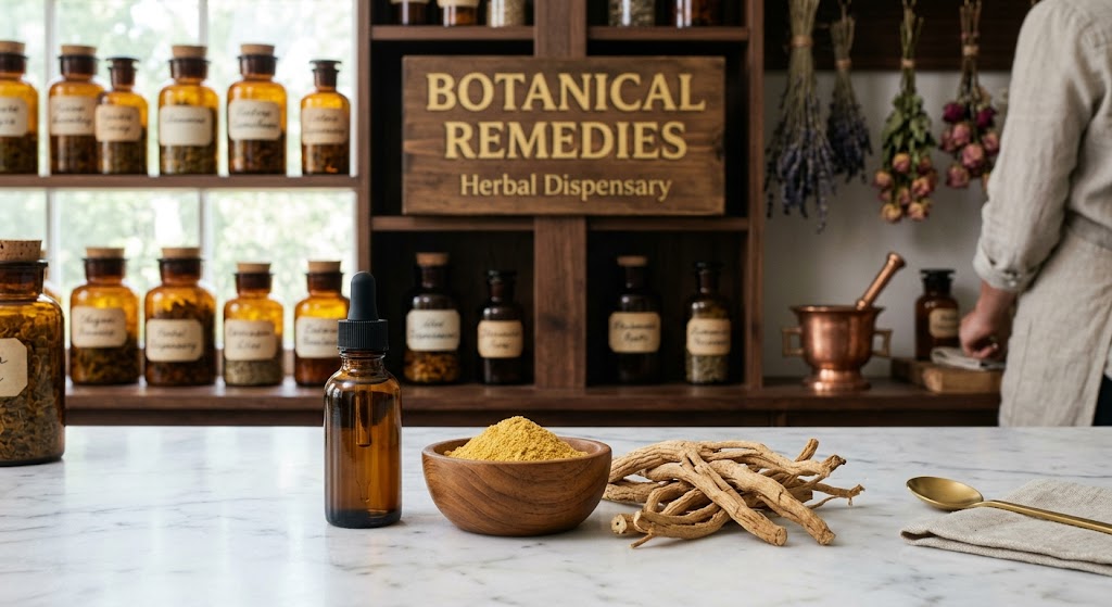 Premium vitality botanicals including a dark amber tincture bottle, golden pine pollen, and dried Shatavari roots resting on a pristine white marble table inside the Botanical Remedies Herbal Dispensary.