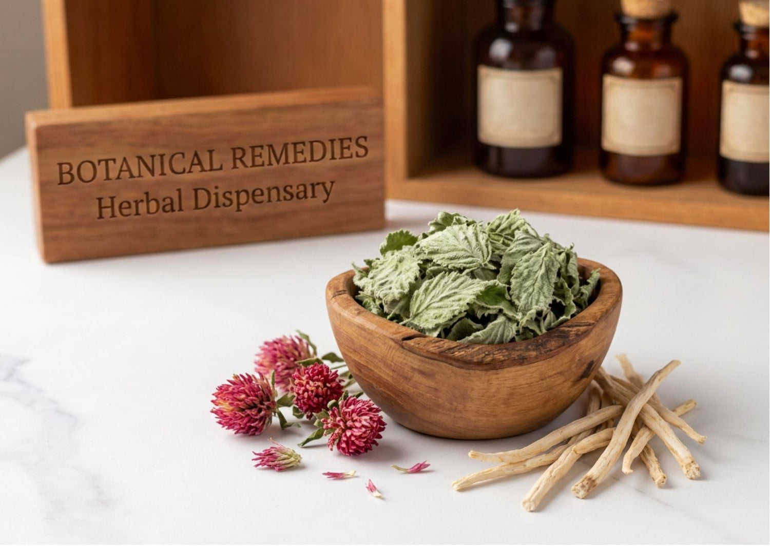Premium Women's Botanicals featuring fluffy green raspberry leaves, dried red clover blossoms, and shatavari root resting on a pristine marble table at the Botanical Remedies herbal dispensary.