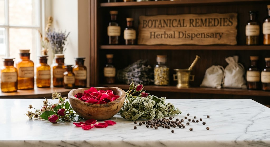 A beautiful apothecary arrangement of crimson rose petals, dried raspberry leaves, and chaste tree berries resting on a pristine white marble table inside the Botanical Remedies traditional herbal dispensary.