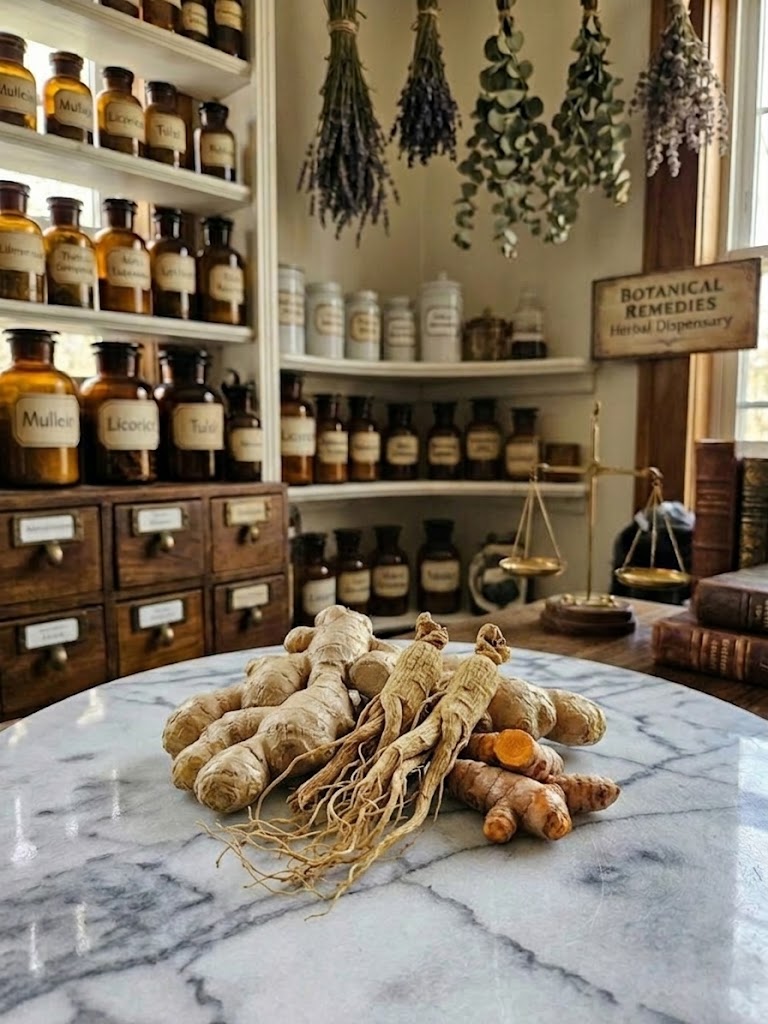 Fresh, premium botanical roots including ginseng, turmeric, and ginger resting on a white marble table inside a traditional herbal apothecary.