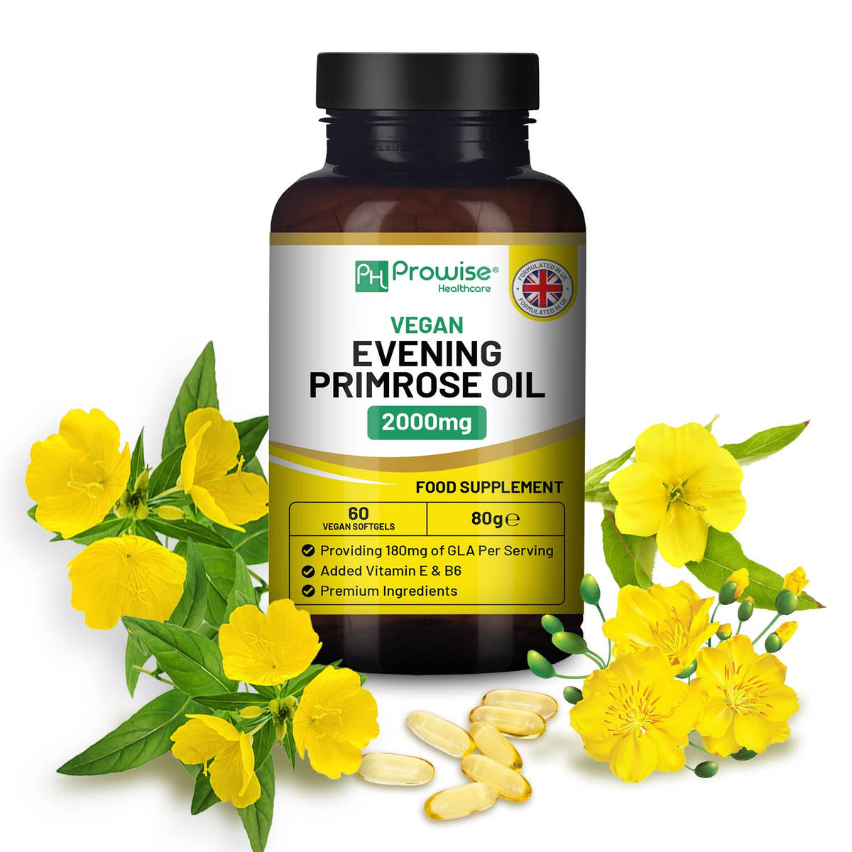 Vegan Evening Primrose Oil 2000mg with Vitamin E & B6 – 60