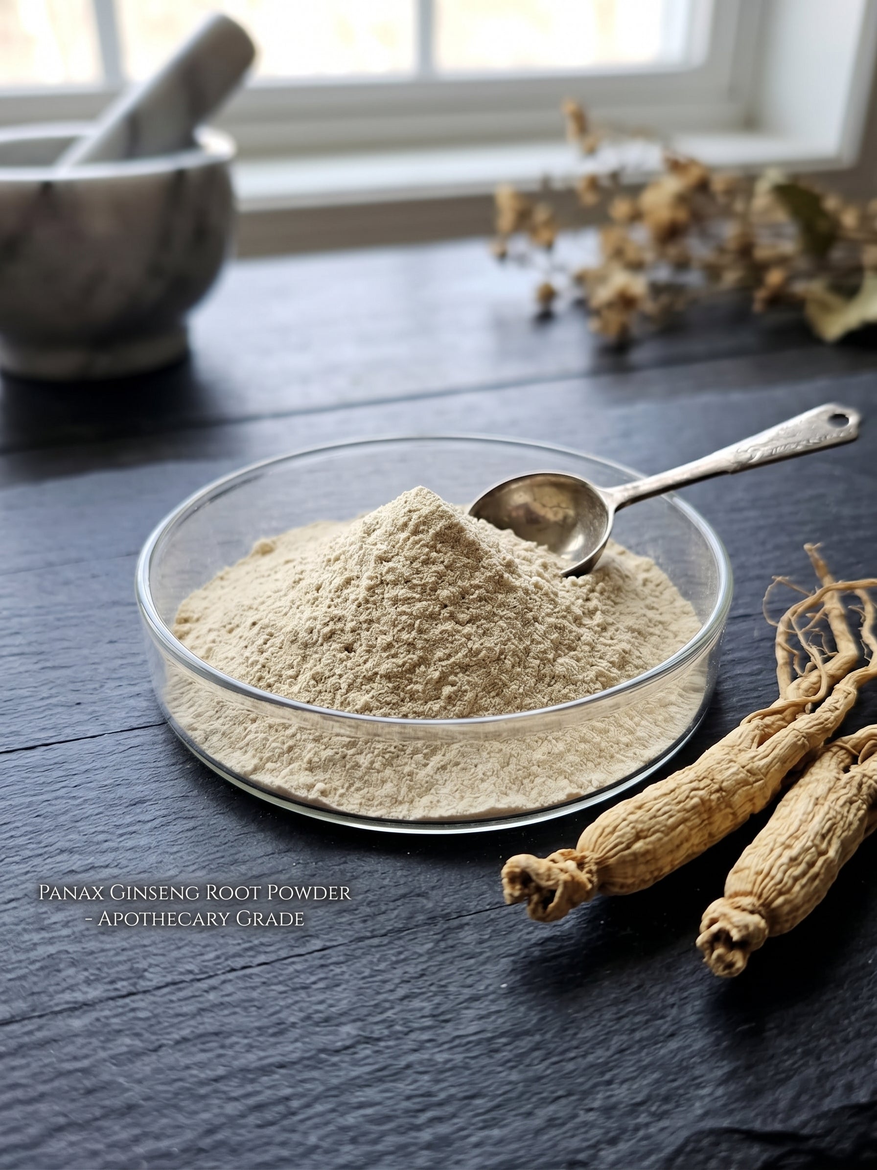 Premium 5 years old Panax Ginseng Root Powder shown in a glass petri dish on natural wood, displayed next to whole dried ginseng roots and a vintage silver scoop