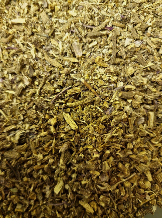  close up of Akarkara root (Pellitory root) dried and cut, an herbal remedy from Botanical remedies, loose herbal tea