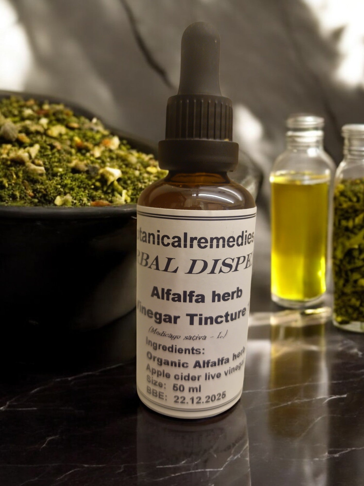 A bottle of Alfalfa Tincture vinegar base, alcohol free herbal remedy from Botanical remedies herbal dispensary