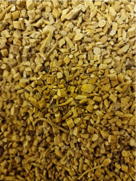 close up of dried and cut Astragalus root, loose herbal tea from Botanical Remedies herbal dispensary