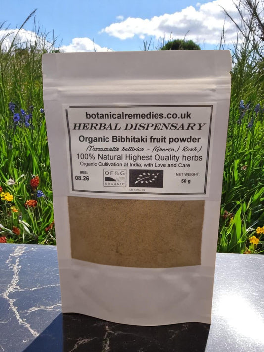 package with Bibhitaki fruit powder organic, an Ayurvedic herbal remedy