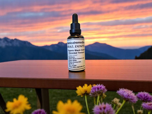 Bottle with Organic Black cohosh tincture, an herbal remedy