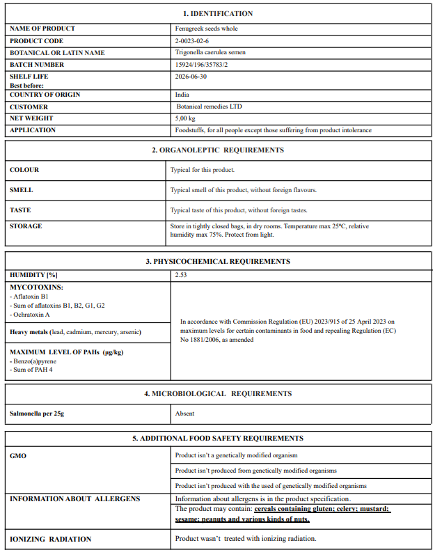 Product label for Blue fenugreek seeds with detailed information including product code, botanical name, weight, safety, microbiological, psychochemical requirements