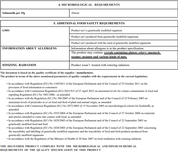 Certificate of analysis for Boswellia resin powder product pt2