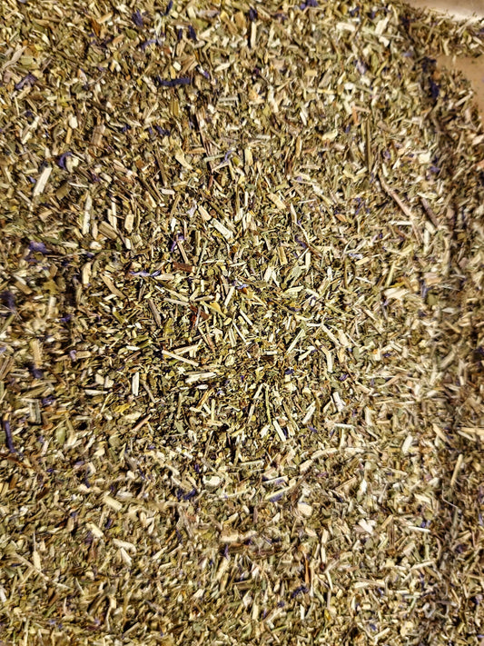 Close up of dried and cut Botanical Remedies Lungwort herb, an herbal remedy, loose herbal tea 