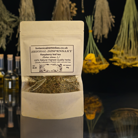 Package with Red Raspberry leaf from Botanical Remedies herbal dispensary, an herbal remedy for pregnancy and uterine tonic, loose herbal tea