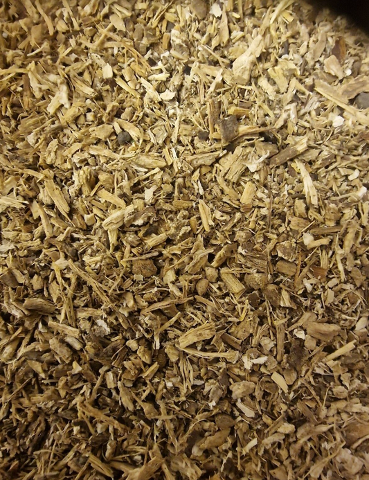 close up of dried and cut Burdock root, an herbal remedy from Botanical Remedies herbal dispensary, loose herbal tea
