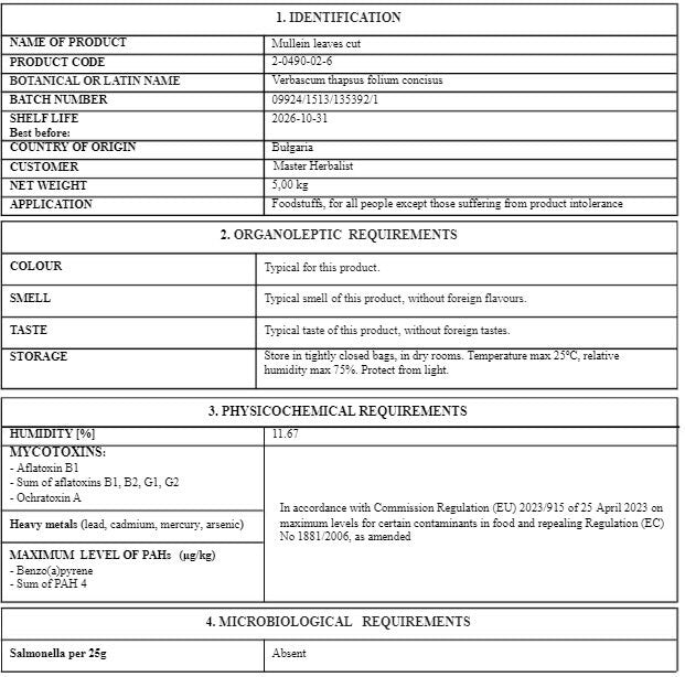 Certificate of analysis for Mullein leaf from Botanical Remedies with detail about Latin name, shelf life, country of origin, also organoleptic, physiochemical and microbiological analysis results