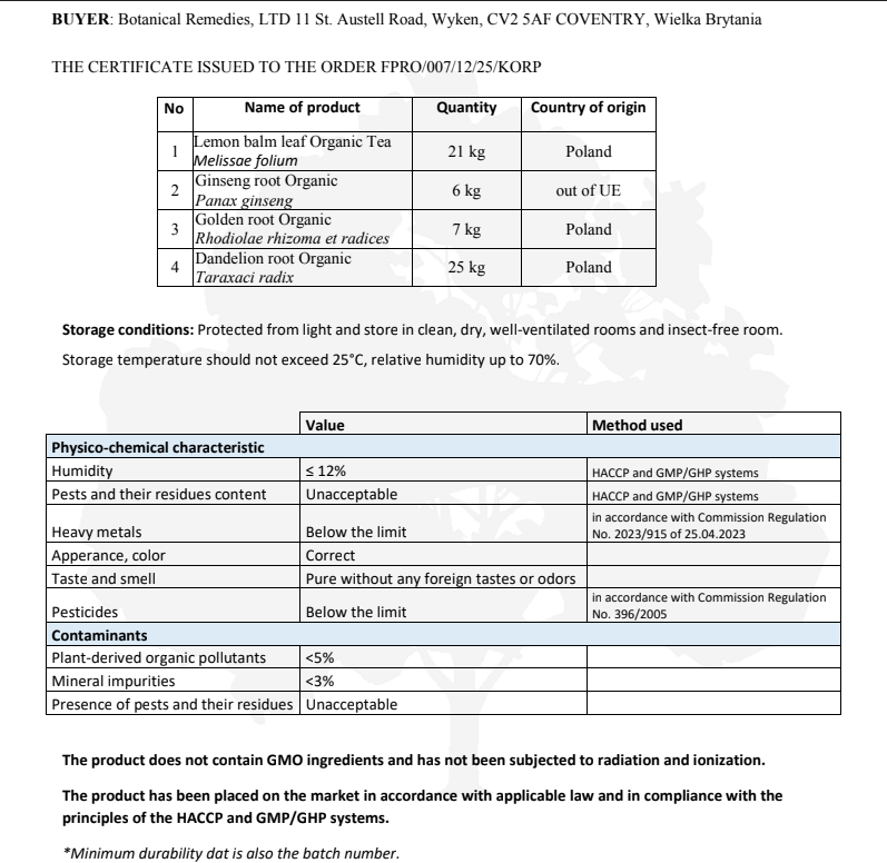 Certificate of authenticity for botanical remedies with product details and storage conditions.