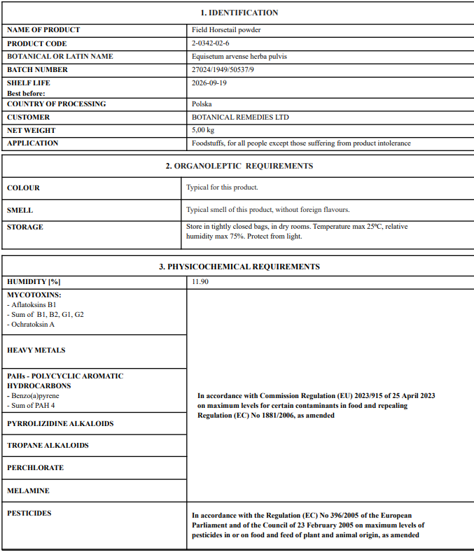document wit Certificate of analysis for Horsetail herb powder product