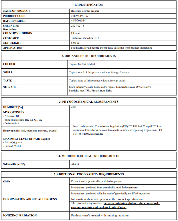 Product label with identification, organoleptic, physicochemical, and microbiological requirements for Organic Rosehip powder.