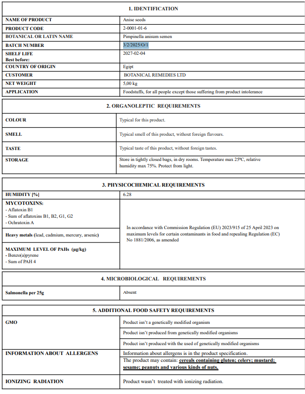 Product label with detailed information including name, code, botanical name, batch number, weight, and safety requirements.