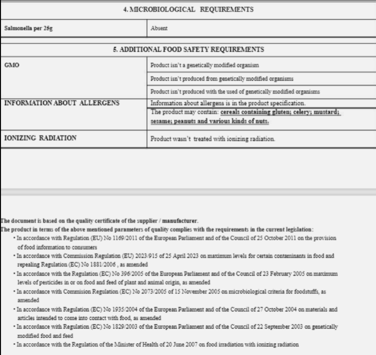 Certificate of analysis for Chaste tree berries with details about food safety and microbiological requirements on a white background