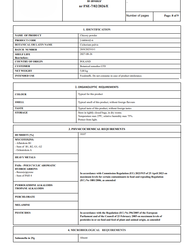 Certificate-of-analysis for Chicory root powder Product with detailed specifications and requirements pt1