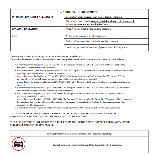 Certificate-of-analysis for Chicory root powder detailing additional requirements for a product, including allergen information, ionizing radiation, and genetically modified organisms.