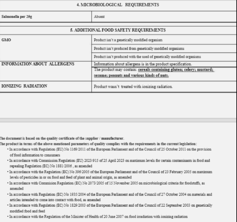 Certificate of analysis for evening primrose seeds with food safety and allergen information