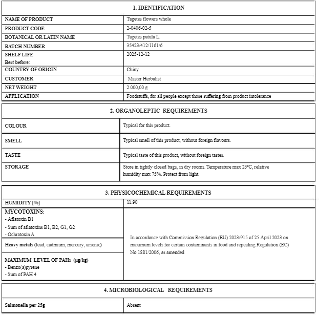 Certificate of analysis for French marigold flowers from Botanical Remedies with detail about Latin name, shelf life, country of origin, also organoleptic, physiochemical and microbiological analysis results