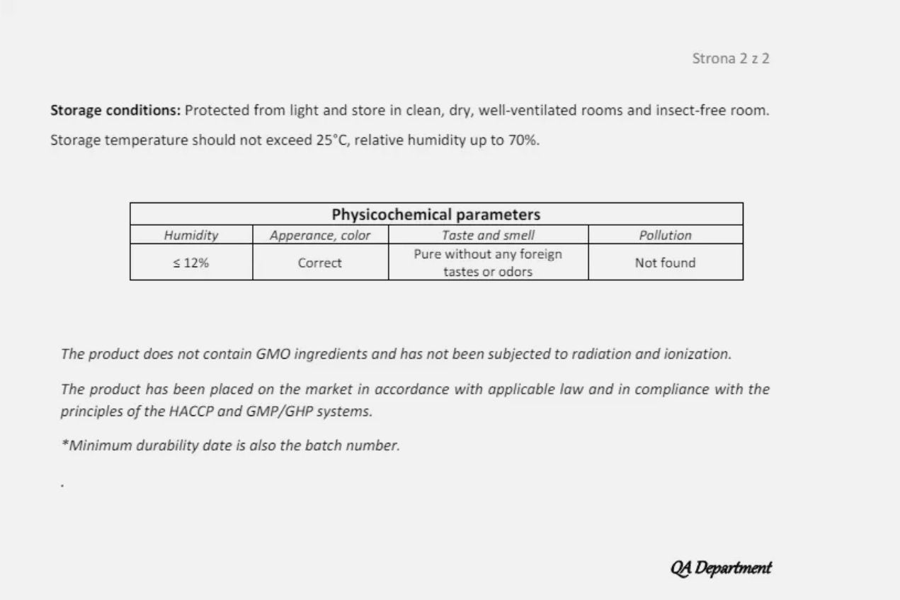 Certificate of analysis for Ginger root slices part 2