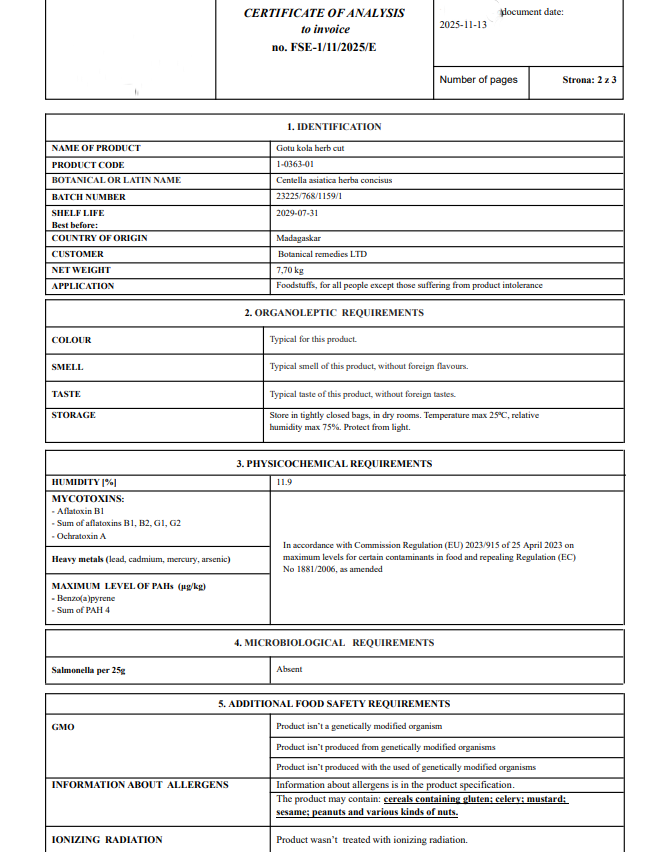Certificate of analysis for Gotu kola herb with details about Latin name, shelf life, applications. Organoleptic, Physiochemical and microbiological analysis results as well food safety norms.
