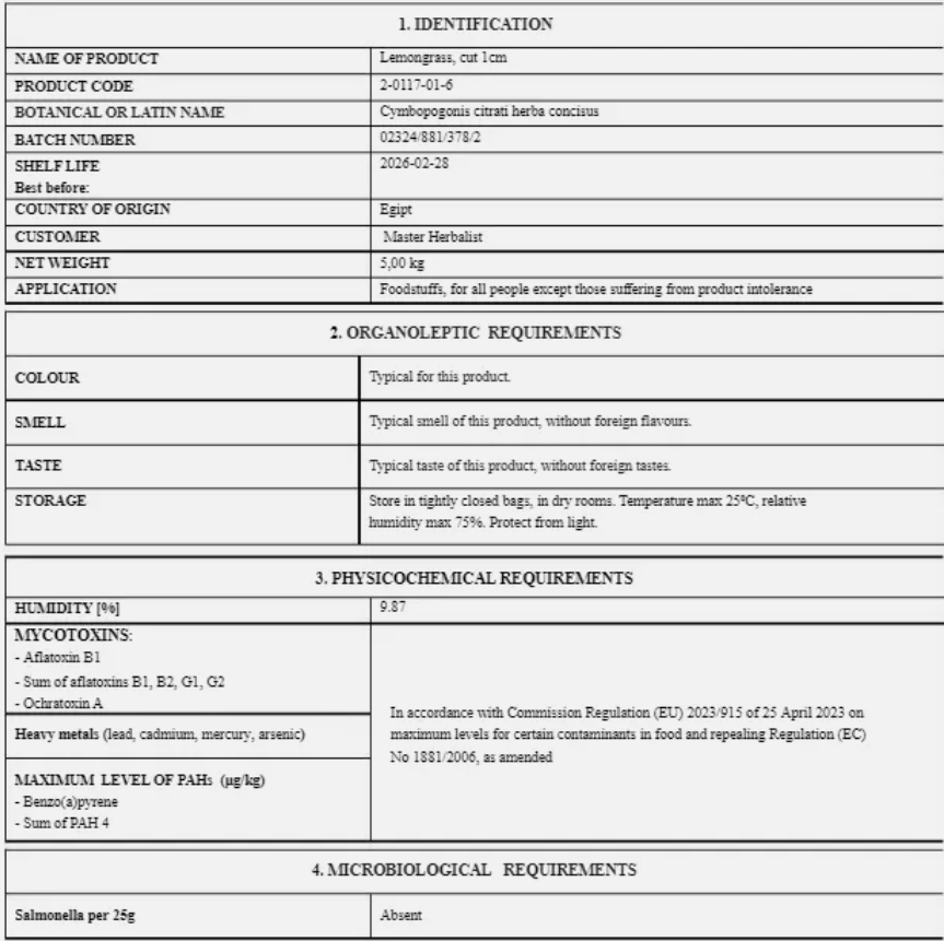Certificate of analysis for Lemongrass from Botanical Remedies with detail about Latin name, shelf life, country of origin, also organoleptic, physiochemical and microbiological analysis results
