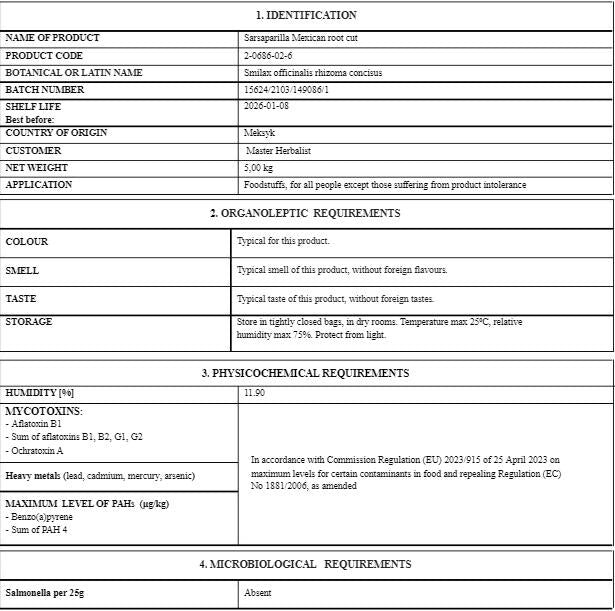 Certificate of analysis for Mexican Sarsaparilla from Botanical Remedies with detail about Latin name, shelf life, country of origin, also organoleptic, physiochemical and microbiological analysis results