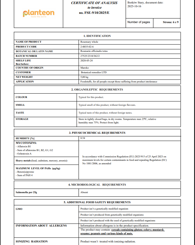 certificate of analysis for Rosemary leaves whole from Botanical Remedies herbal dispensary with details about Latin name, shelf life, applications. Organoleptic, Physiochemical and microbiological analysis results as well food safety norms.