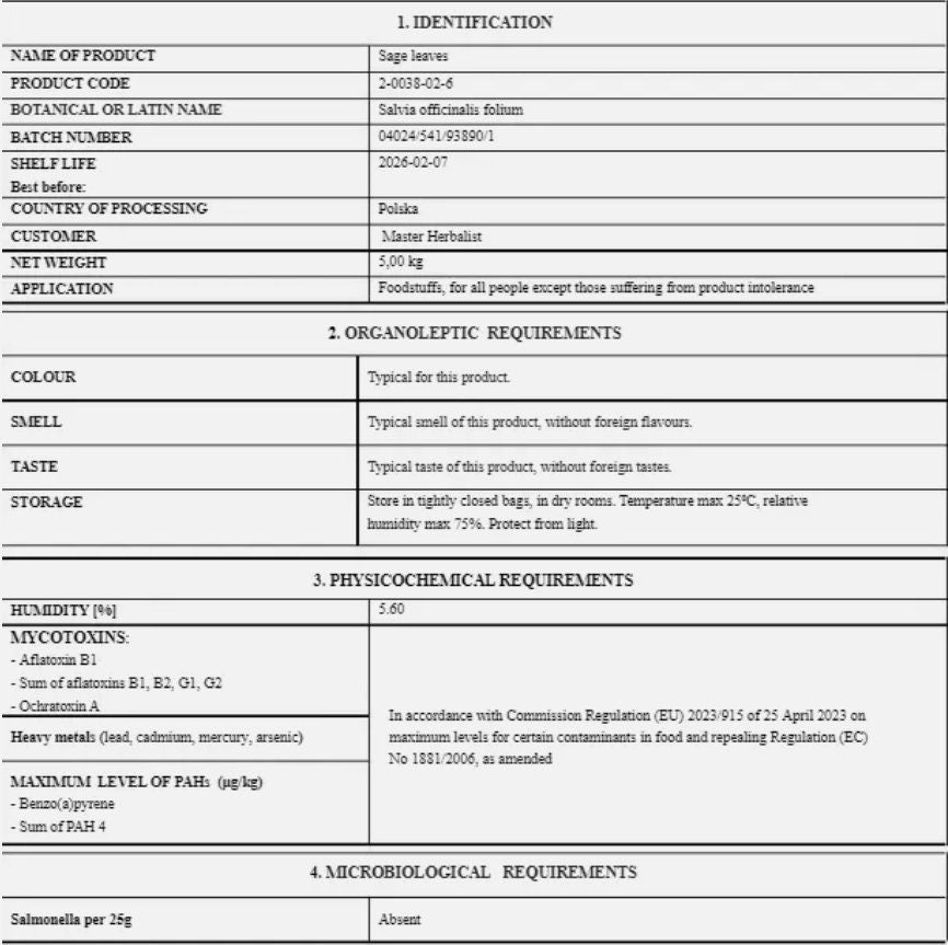 Certificate of analysis for sage leaf from Botanical Remedies with detail about Latin name, shelf life, country of origin, also organoleptic, physiochemical and microbiological analysis results