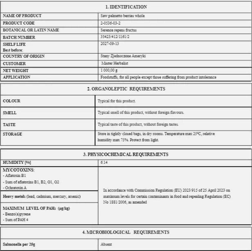 Certificate of analysis for dried Saw Palmetto berries whole pieces, with all important information