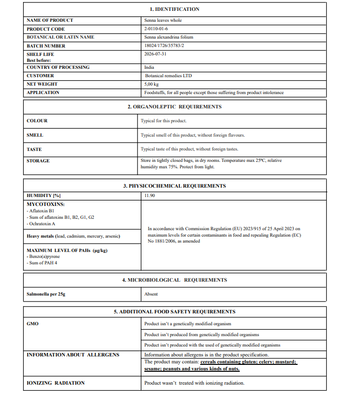 Certificate of analysis for Senna leaves with details about organoleptic, microbiological and physiochemical requirements