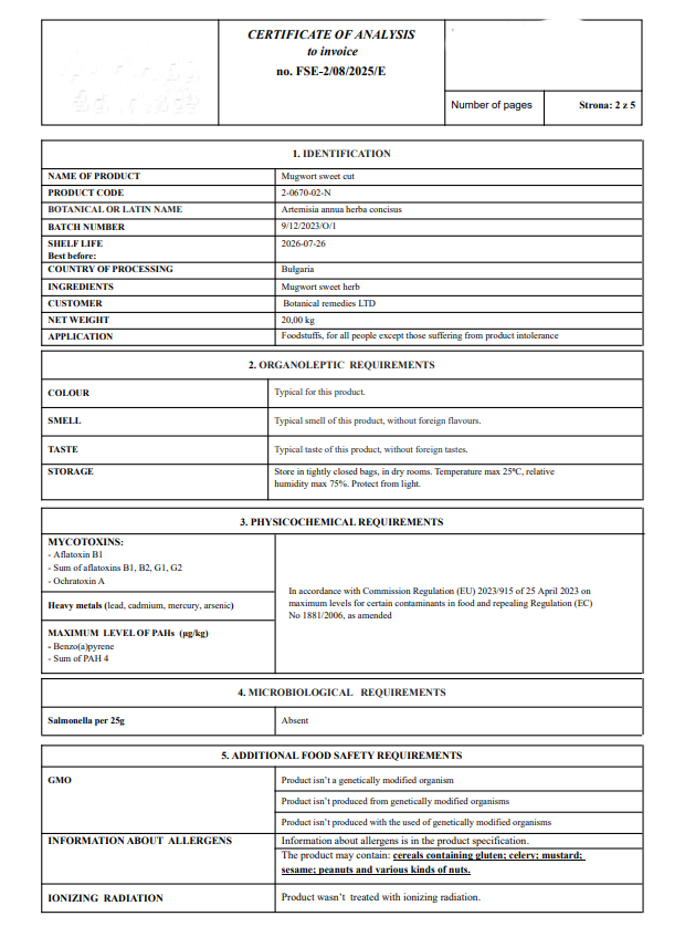 Certificate of Analysis document For Sweet Wormwood herb, with organoleptic, physiochemical, microbiological and food safety info