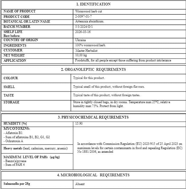 Certificate of analysis for Wormwood herb tea, with details about Organoleptic, microbiological, physiochemical results.