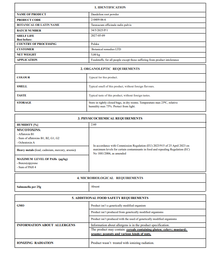 Dandelion root powder Product label with detailed information including product code, batch number, and specifications.