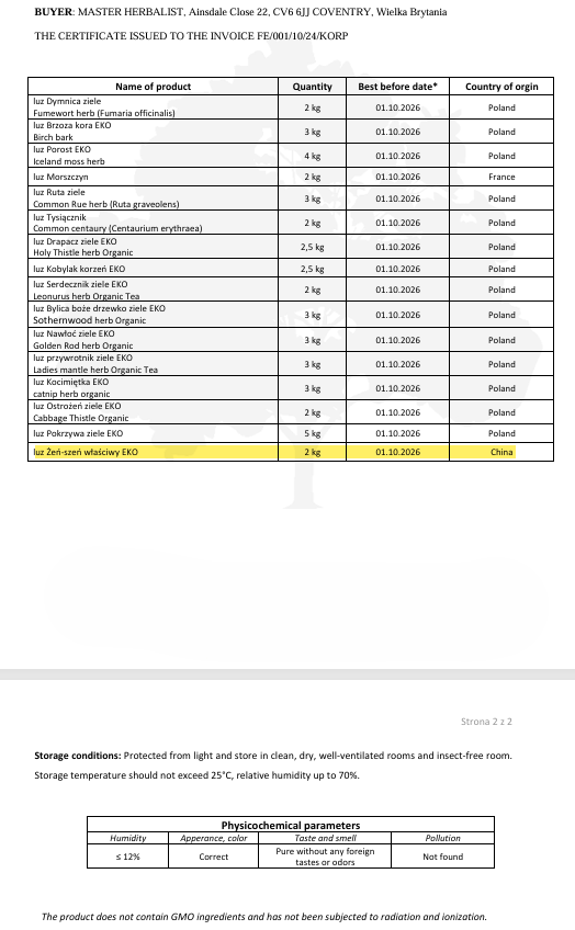 Certificate of authenticity for Organic Ginseng root- from Botanical Remedies herbal dispensary, with details on quantity, best before date, and country of origin.