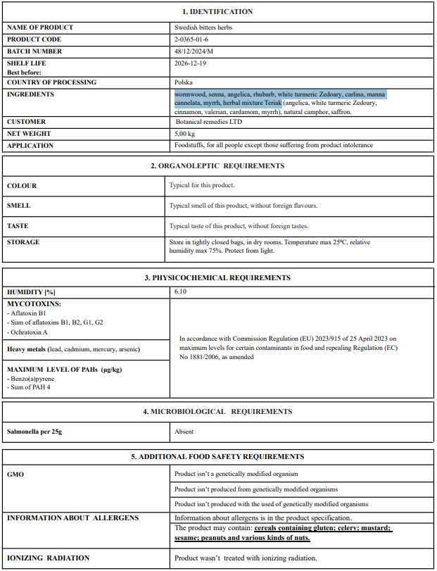 Product label for Swedish Bitters herbs, traditional herbal remedy, with detailed information including identification, organoleptic requirements, physicochemical requirements, microbiological requirements, and additional food safety requirements.