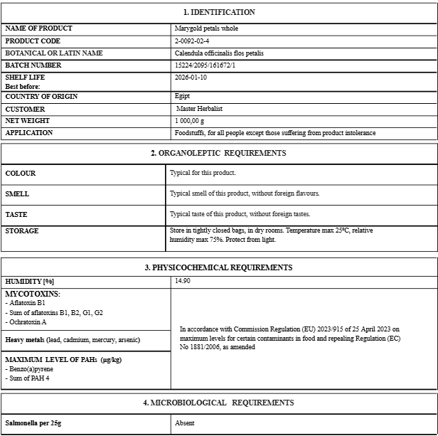 Certificate of analysis Marigold flower petals