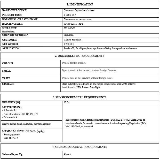 Ceylon Cinnamon bark certificate of analysis