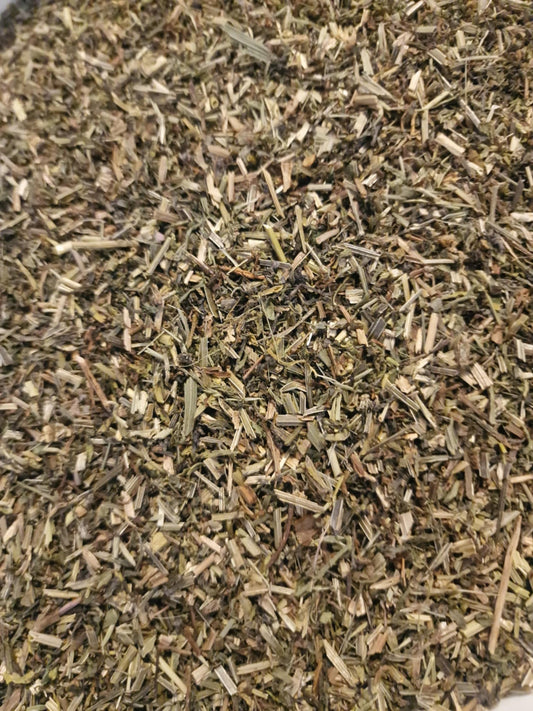 Certified Organic dried Chickweed herb cut (Stellaria media) displaying beige to mid-green brittle stem and leaf fragments for herbal tea infusions.