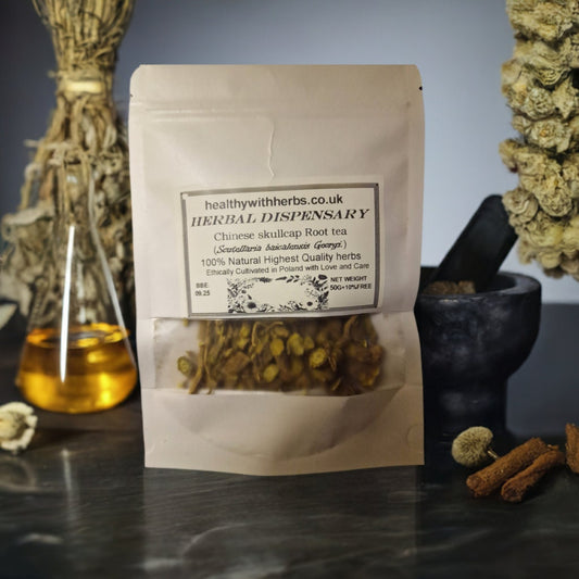 package with Baikal skullcap root, dried and cut, loose herbal tea, an herbal remedy 