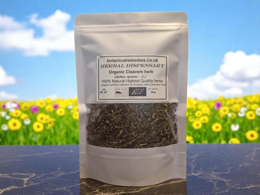 Package with Cleavers herb Organic, dried and cut loose tea, an herbal remedy