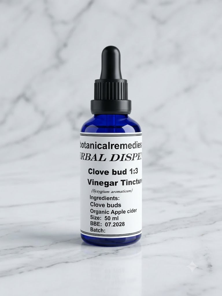 A 50ml cobalt blue glass dropper bottle of non-alcoholic Clove Bud Vinegar Tincture 1:3 (Syzygium aromaticum) by Botanical Remedies, standing upright on a minimalistic white marble surface with light grey veining.