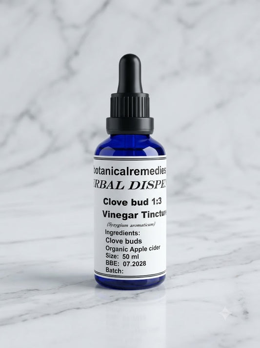 A 50ml cobalt blue glass dropper bottle of non-alcoholic Clove Bud Vinegar Tincture 1:3 (Syzygium aromaticum) by Botanical Remedies, standing upright on a minimalistic white marble surface with light grey veining.