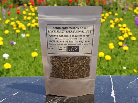 Package with Organic Echinacea angustifolia root, dried and cut (loose herbal tea), an Herbal remedy