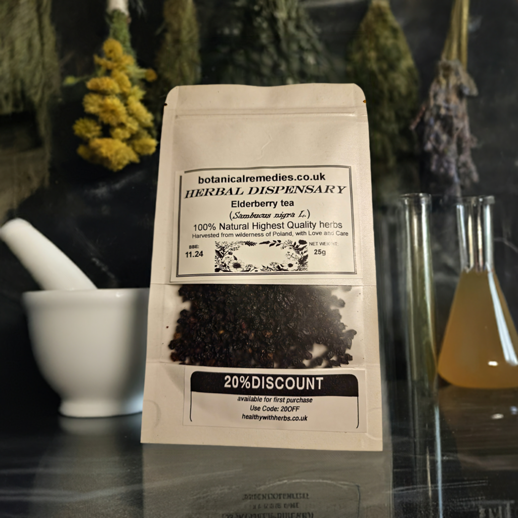 A paper bag of dried elderberry tea 