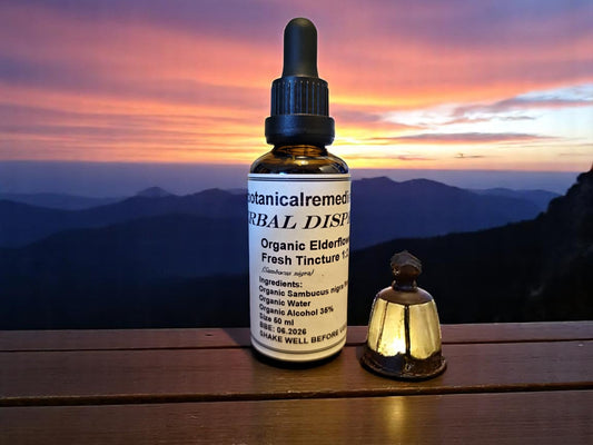 Bottle with Organic Elderflower tincture, an herbal remedy